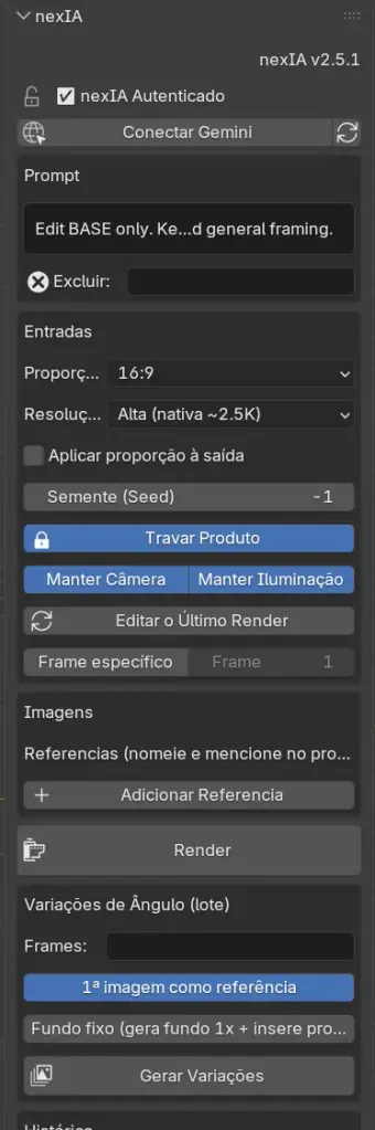 Painel nexIA no Blender — Travar Produto, Manter Câmera, Render