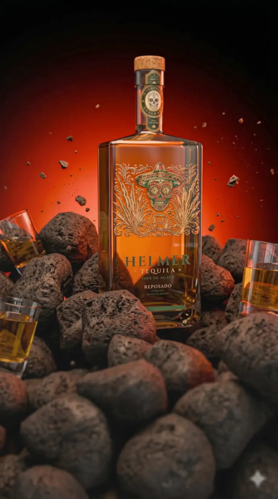 Garrafa HELMER Tequila com cena dramática — resultado real do curso Tekila
